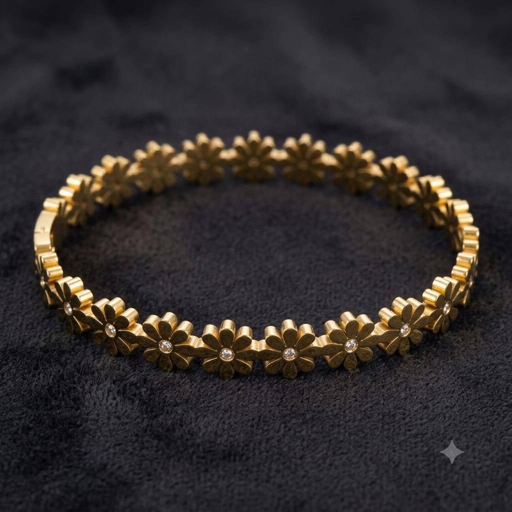 Daisy Flower Crystal Bracelet | Gold-Tone Stainless Steel Floral Bangle sku-1117