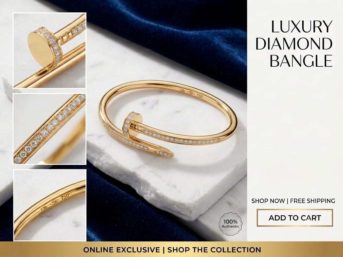 Luxe Nail Crystal Gold-Tone Bangle | Designer Statement Bracelet sku 1110