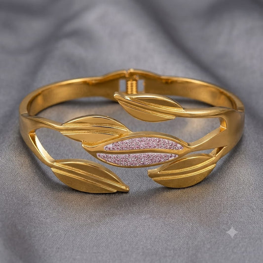 Elegant Leaf Cuff Bracelet | Gold-Tone Stainless Steel Crystal Accent Bangle