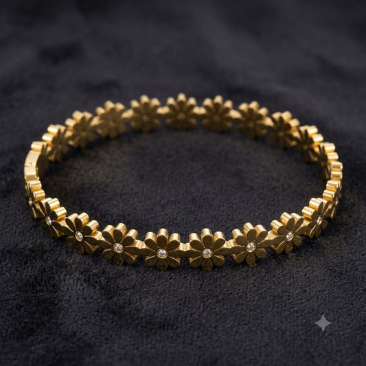 Daisy Flower Crystal Bracelet | Gold-Tone Stainless Steel Floral Bangle