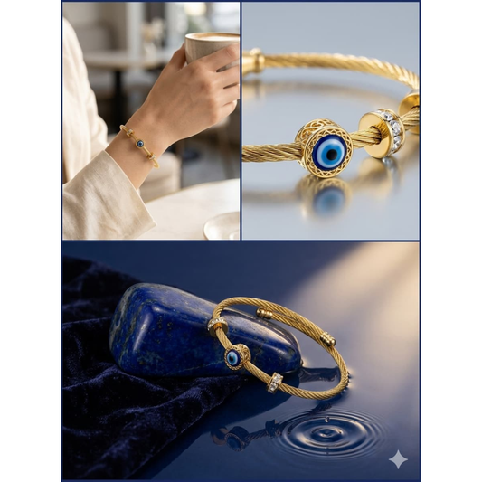 Evil Eye Gold-Tone Cable Bracelet | Protective Charm Crystal Bangle