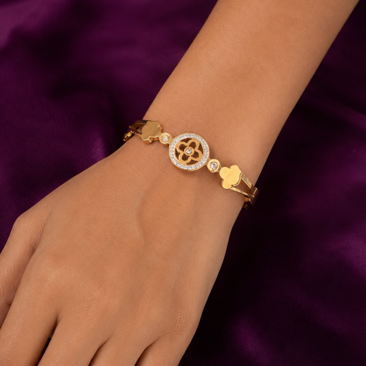 Floral Crystal Gold-Tone Bangle | Elegant Minimalist Kada