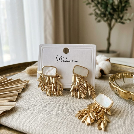 Gold-Tone Mother-of-Pearl Leaf Fringe Earrings SKU 3303