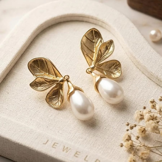Botanical Leaf Pearl Drop Earrings SKU 3311
