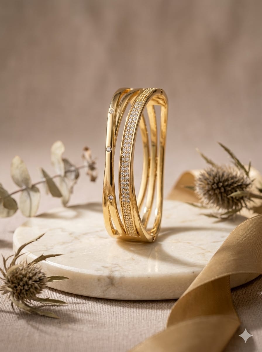 Celeste Crystal Gold-Tone Bangle | Elegant Layered Statement Bracelet sku-1109