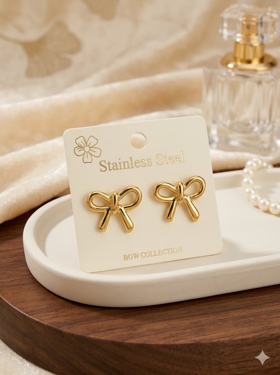 Elegant Gold Bow Stud Earrings | Stainless Steel | Waterproof & Anti-Tarnish