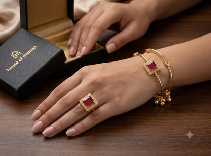 Ruby Lattice Gold-Tone Bangle | Adjustable Statement Kada SKU 2312